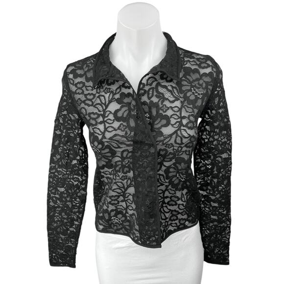 Aritzia Babaton Black Floral Lace Sheer Long Sleeve Collared Blouse Top Size XXS - Picture 1 of 4